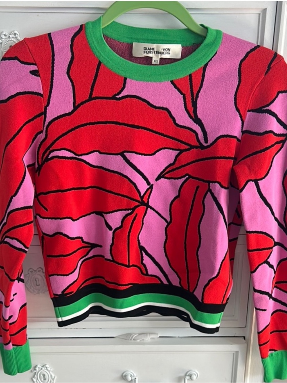 Diane Von Furstenberg Pink Red Floral Knit Sweater with Green Trim